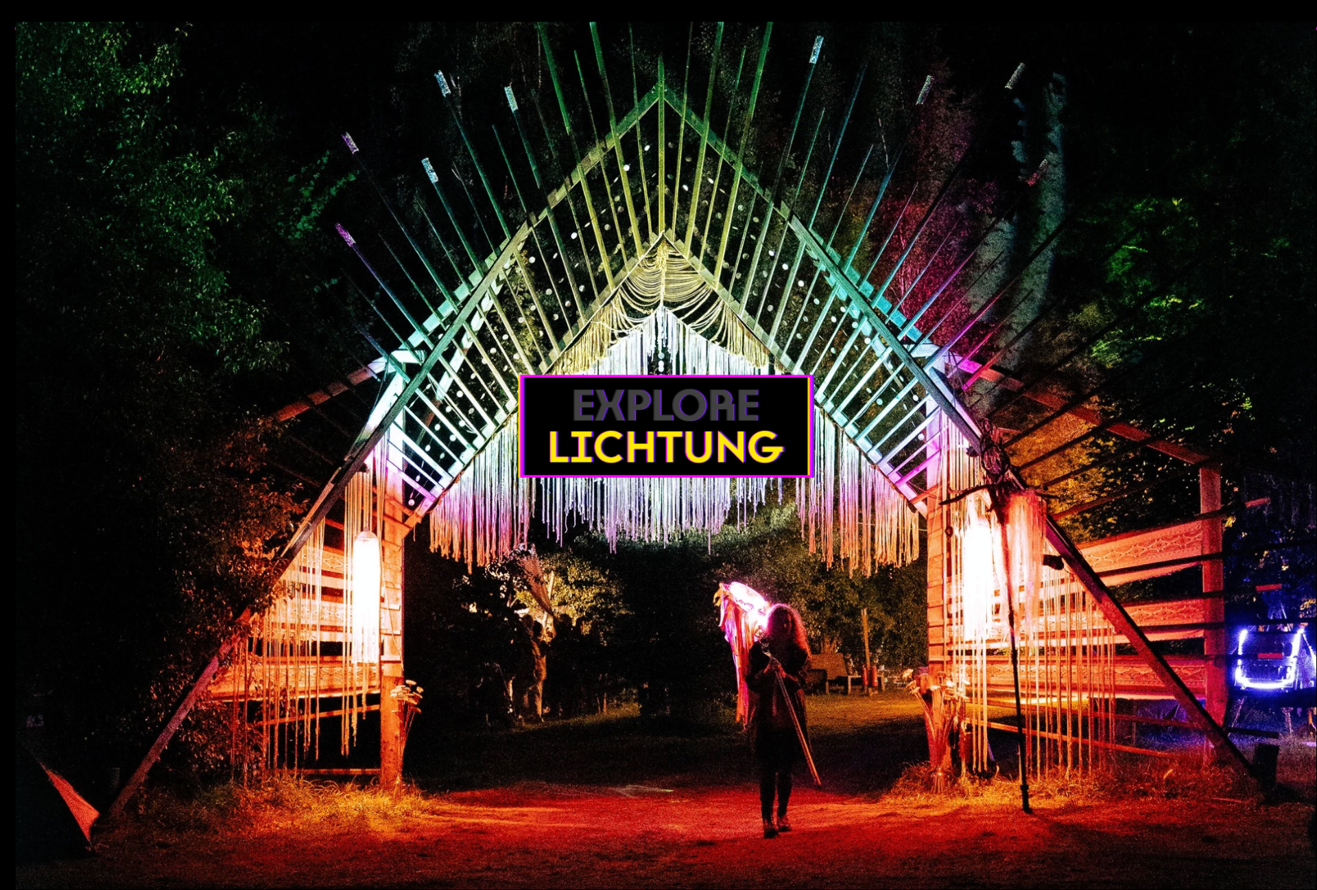 ISA live at Lichtung stage, Garbicz Festival — illuminated wooden archway at night · garbicz-lichtung.png · isa_artist_isacouture_dirty_printer